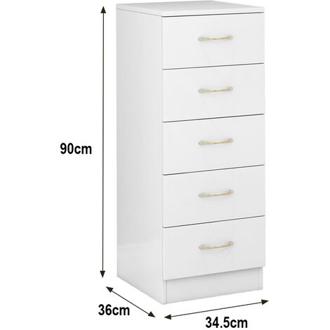 Narrow Tall Chest of 5 Drawers Bedside Bedroom Hallway Storage Cabinet Furniture White