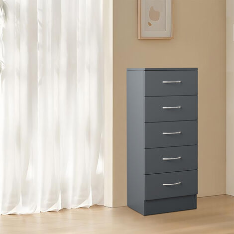 Narrow Tall Chest of 5 Drawers Bedside Bedroom Hallway Storage Cabinet Furniture Grey