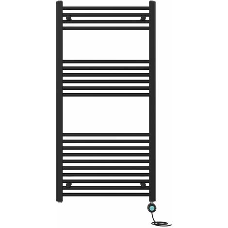 Pre-filled Bathroom Straight Electric Heated Towel Rail Radiator Thermostatic 1200x600mm Black