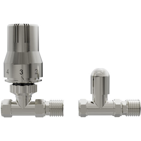 NRG 15mm X 1/2" Thermostatic TRV Bathroom Radiator Towel Rail Straight Valves Satin Nickel Pair (1/4)