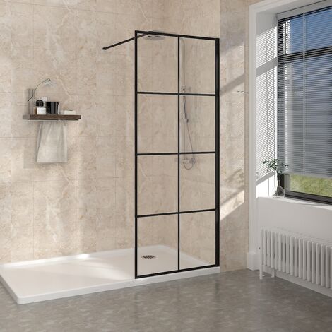 NRG Walk In Wet Room Shower Screen Enclosure Black Grid Glass Cubicle 900 x 1950mm (1/5)