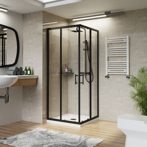 NRG Square Black Sliding Doors Corner Entry Shower Enclosure Bathroom Cubicle 760 x 760mm