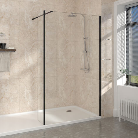 NRG Matte Black Walk In Wet Room Panels Easy Clean Glass 1200mm Shower Screen with 215mm Return Panel