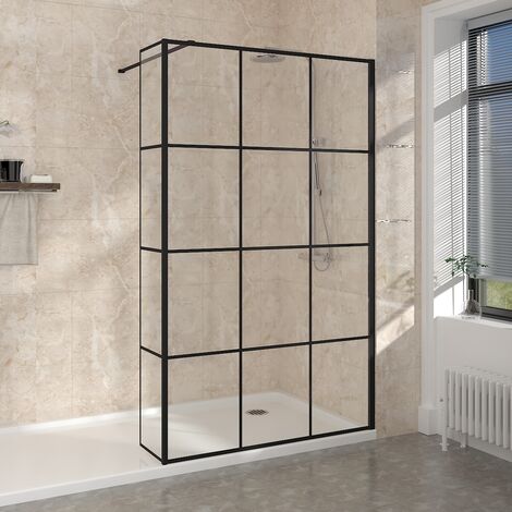 NRG Black Grid Wet Room Walk in Shower Enclosure Panels 1200mm Shower Screen with 215mm Return Panel