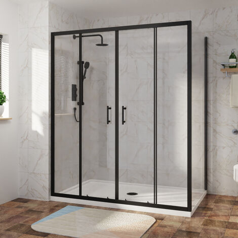 Sliding Shower Enclosure Door Easy Clean Glass Matte Black Bathroom Cubicle Screen with Side Panel 1700 x 900mm (1/5)