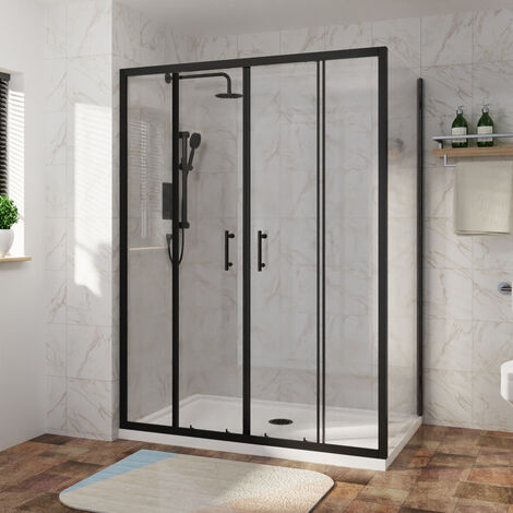 Sliding Shower Enclosure Door Easy Clean Glass Matte Black Bathroom Cubicle Screen with Side Panel 1500 x 800mm (1/5)