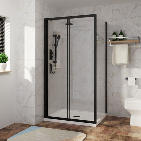 Sliding Shower Enclosure Door Easy Clean Glass Matte Black Bathroom Cubicle Screen with Side Panel 1100 x 800mm (1/5)