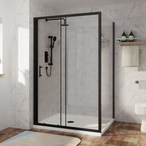 Sliding Shower Enclosure Door Easy Clean Glass Matte Black Bathroom Cubicle Screen with Side Panel 1200 x 900mm (1/5)