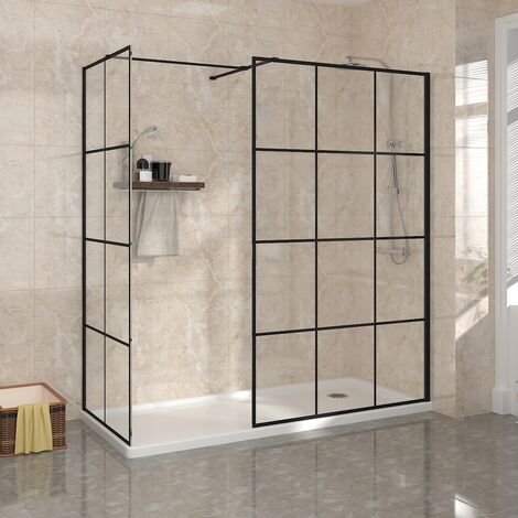 Black Grid Wet Room Walk in Shower Enclosure Glass Panel Shower Screen 800mm & 1000mm (1/5)