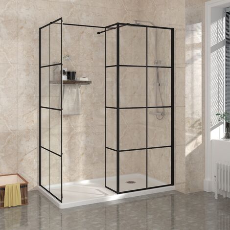 Walk in Shower Enclosure Black Grid Wet Room Easy Clean Glass Screen with Return Panel 760mm & 760mm (1/5)