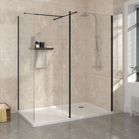 Wet Room Walk in Easy Clean Glass Screen Panel Black Shower Enclosure with Return Panel 700mm & 760mm (1/5)