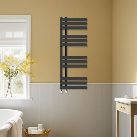 Bathroom D-shape Heated Towel Rail Designer Radiator Ladder Warmer Heating Rads 1200x450mm Black