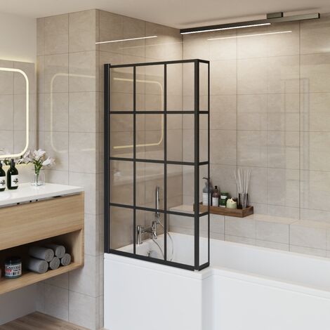 Bathroom L Shaped Black Pivot Reversible Grid Bath Shower Screen with Fixed Return (1/5)