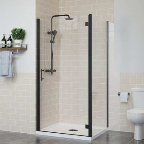 Frameless Hinged Shower Door Enclosure Glass Screen Walk In Cubicle with Side Panel Black 900x900mm