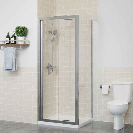 Bi Fold Shower Door Enclosure Bathroom Walk In Cubicle Safety Glass Screen Chrome with Side Panel 700x700mm (1/5)