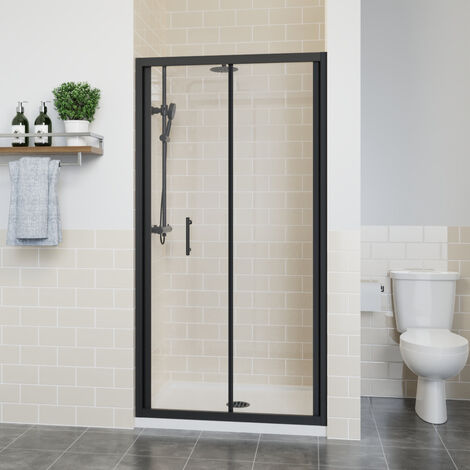 Bi Fold Shower Door Enclosure Bathroom Walk In Glass Screen Panel Black 900mm (1/5)