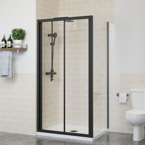 Bi Fold Shower Door Enclosure Bathroom Walk In Cubicle Safety Glass Screen Black with Side Panel 900x800mm (1/5)