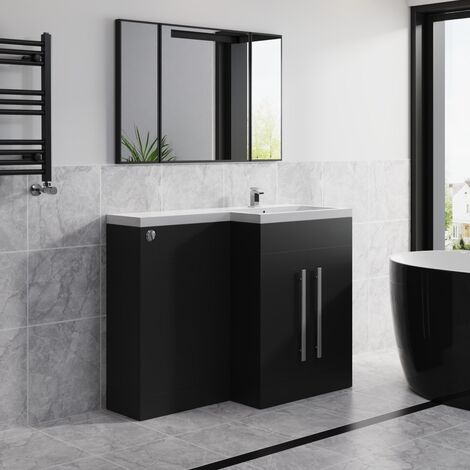 Matt Black L Shape Vanity Unit RH Right Hand Basin Sink Cabinet Bathroom Furniture (1/5)