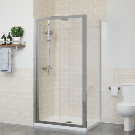 Bi Fold Shower Door Enclosure Bathroom Walk In Cubicle Safety Glass Screen Chrome with Side Panel 900x700mm (1/5)