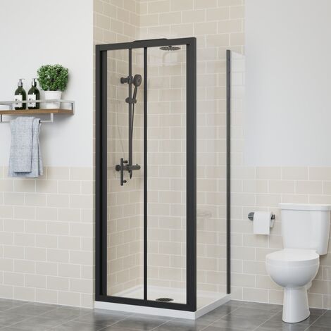 Bi Fold Shower Door Enclosure Bathroom Walk In Cubicle Safety Glass Screen Black with Side Panel 800x900mm (1/5)