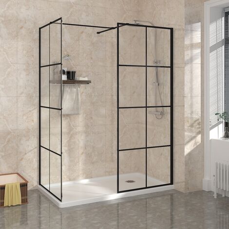 Black Grid Wet Room Walk in Shower Enclosure Glass Panel Shower Screen 800mm & 800mm (1/5)