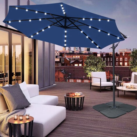 32 LED Solar Powered Parasol 3m Garden Banana Hanging Umbrella Cantilever Blue With Base Weight