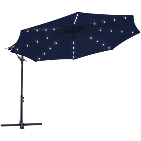 32 LED Solar Powered Parasol 3m Garden Banana Hanging Umbrella Cantilever Blue With Base Weight