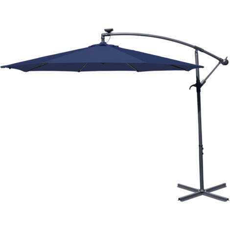 32 LED Solar Powered Parasol 3m Garden Banana Hanging Umbrella Cantilever Blue With Base Weight