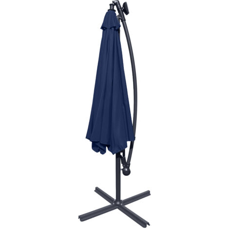 32 LED Solar Powered Parasol 3m Garden Banana Hanging Umbrella Cantilever Blue With Base Weight