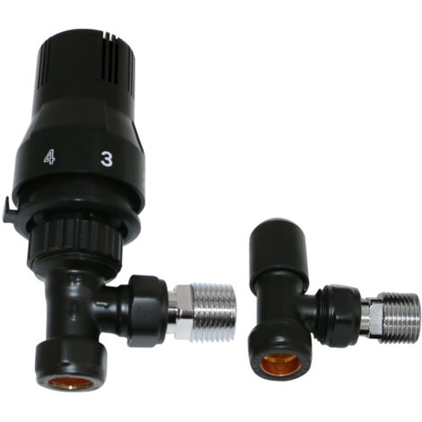NRG 15mm Angled Thermostatic Radiator Valve and Manual Angled Valves Black