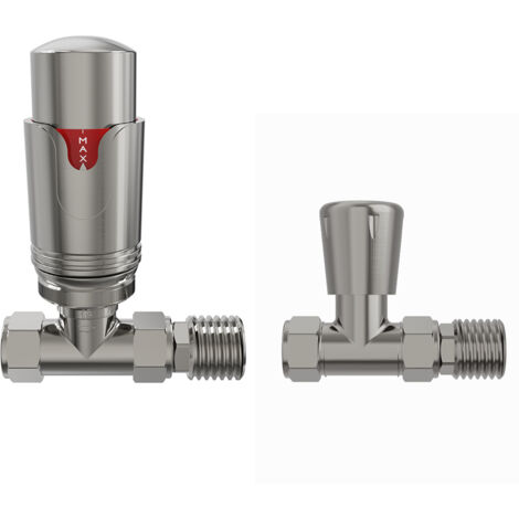 NRG Thermostatic TRV Manual Radiator Valves Straight Satin Nickel Pair (1/4)
