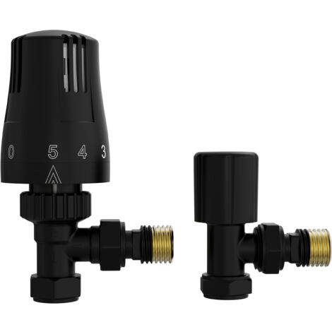 NRG Thermostatic Angled TRV & Lockshield Radiator Valves Black 1/2"x15mm Pack