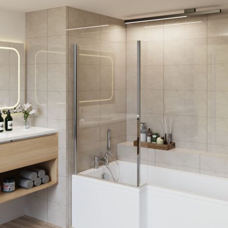 Bathroom L Shaped Pivot Reversible Bath Screen with Fixed Return Chrome (1/5)