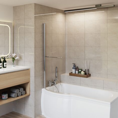 Bathroom P Shape Pivot Curved Reversible Bath Shower Screen with Towel Rail Chrome (1/5)