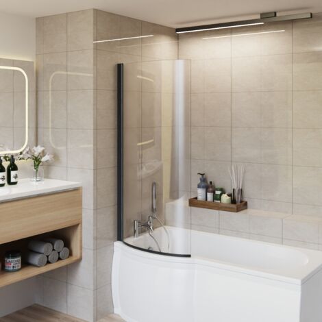 Bathroom P Shape Pivot Curved Reversible Bath Shower Screen Black