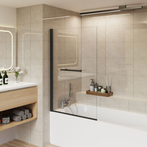 1400mm Bathroom Square Bath Screen Reversible 6mm Easy Clean Glass Black with Towel Rail