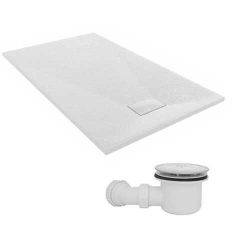 NRG 1500 x 900mm SMC White Rectangle Slate Effect Bathroom Shower Tray & Fluidmaster Fast Flow Waste Trap
