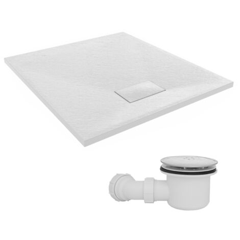 NRG 900 x 800mm SMC White Rectangle Slate Effect Bathroom Shower Tray & Fluidmaster Fast Flow Waste Trap