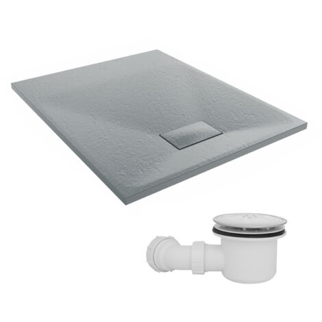 NRG 1000 x 800mm SMC Anthracite Rectangle Slate Effect Bathroom Shower Tray & Fluidmaster Fast Flow Waste Trap