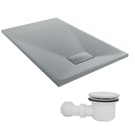 NRG 1100 x 700mm SMC Anthracite Rectangle Slate Effect Bathroom Shower Tray & Fluidmaster Fast Flow Waste Trap