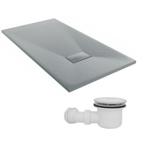 NRG 1300 x 700mm SMC Anthracite Rectangle Slate Effect Bathroom Shower Tray & Fluidmaster Fast Flow Waste Trap