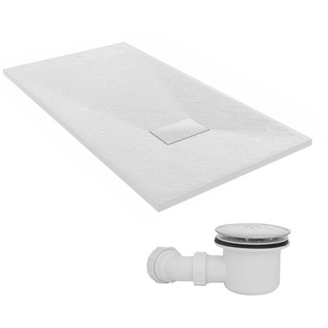 NRG 1300 x 700mm SMC White Rectangle Slate Effect Bathroom Shower Tray & Fluidmaster Fast Flow Waste Trap