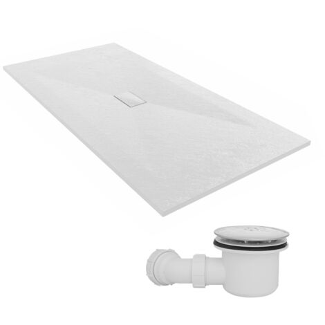 NRG 2000 x 1000mm SMC White Rectangle Slate Effect Bathroom Shower Tray & Fluidmaster Fast Flow Waste Trap