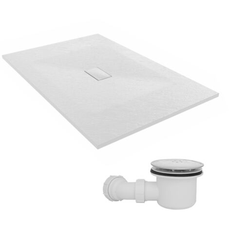 NRG 1500 x 1000mm SMC White Rectangle Slate Effect Bathroom Shower Tray & Fluidmaster Fast Flow Waste Trap