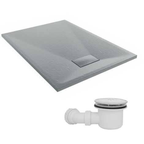 NRG 1100 x 800mm SMC Anthracite Rectangle Slate Effect Bathroom Shower Tray & Fluidmaster Fast Flow Waste Trap