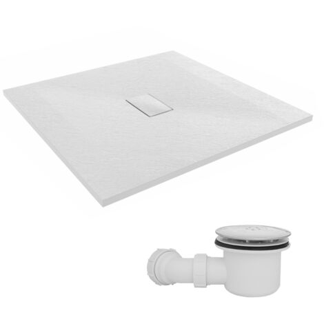 NRG 1000 x 1000mm SMC White Square Slate Effect Bathroom Shower Tray & Fluidmaster Fast Flow Waste Trap (1/5)