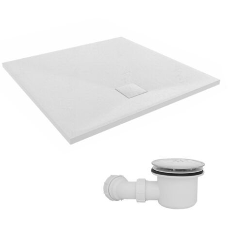 NRG 900 x 900mm SMC White Square Slate Effect Bathroom Shower Tray & Fluidmaster Fast Flow Waste Trap