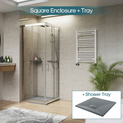 NRG Square Corner Entry Shower Enclosure with Sliding Doors Bathroom Cubicle 700 x 700mm & Anthracite Shower Tray (1/5)