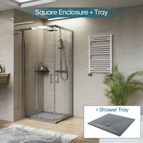 NRG Square Corner Entry Shower Enclosure with Sliding Doors Bathroom Cubicle 800 x 800mm & Anthracite Shower Tray