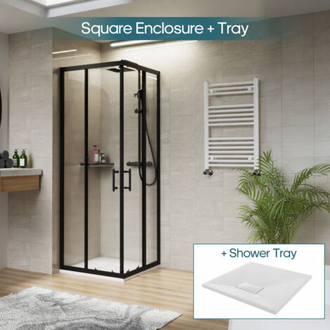 NRG Square Black Sliding Doors Corner Entry Shower Enclosure Bathroom Cubicle 700 x 700mm & White Shower Tray